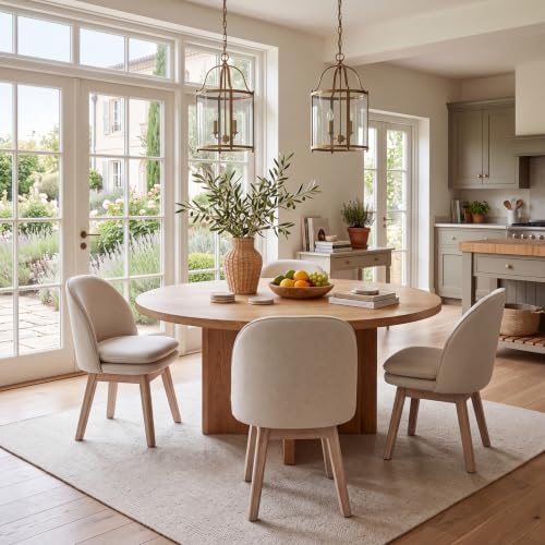ROCITY Swivel Dining Chairs Set of 2, Cream Linen Kitchen Chairs with Solid W...