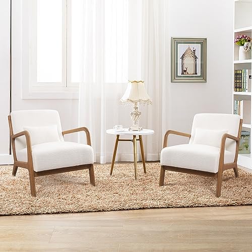 INZOY Mid Century Modern Accent Chair with Lamb Wool Fabric, Upholstered Livi...