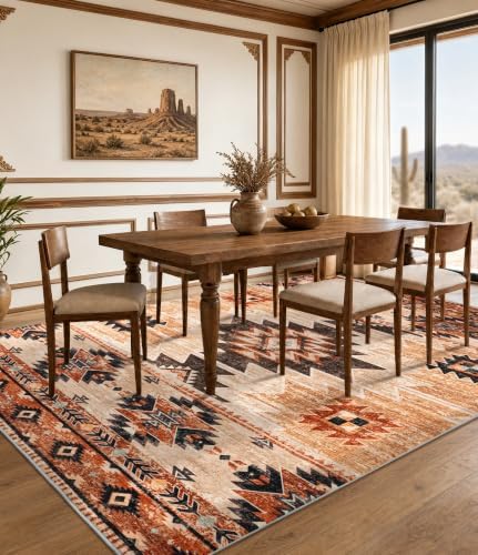 YIHOUSE 8’x10’ Washable Western Aztec Area Rug for Living Room, Terracotta