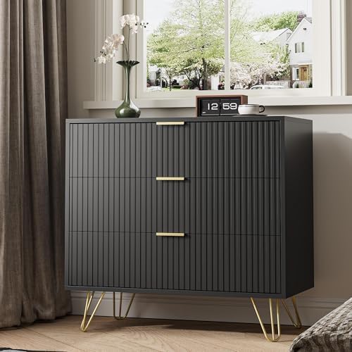 Black 3 Drawer Dresser for Bedroom, Fluted Dresser with Gold metal Handles