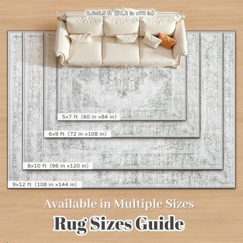 Gent drizz 8x10 Area Rugs for Living Room, Gray Washable Rugs Vintage