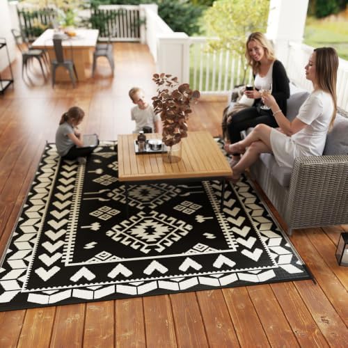 Outsunny Outdoor Rug for Patio Waterproof 8' x 10' Black & White ...