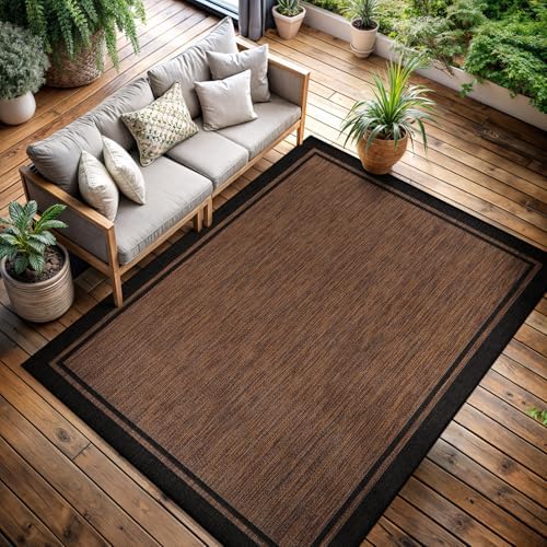 CAMILSON Indoor Outdoor Rug, 8x10 Bordered Nut Brown Black Modern Area Rugs f...