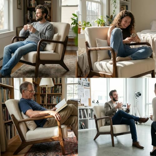 Modern Accent Chair, Cotton Linen Fabric Upholstered Lounge Armchair with Sol...