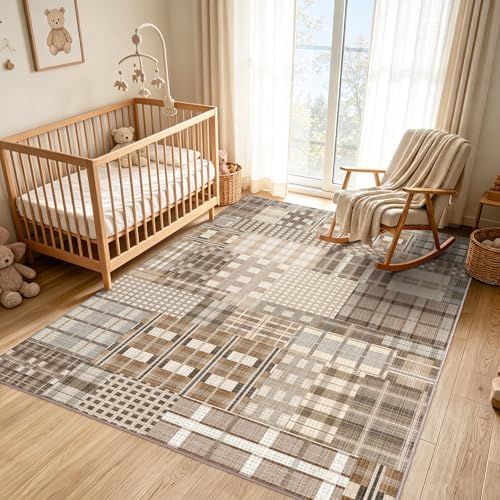 Rezutan Washable Area Rug 8x10, Modern Geometric Plaid, Non-Slip, Beige