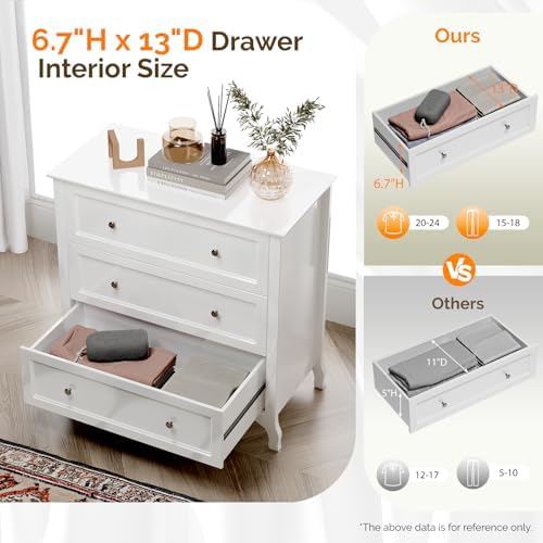 VINGLI White Dresser 3 Drawer Chest of Drawers for Bedroom, Painted Wood Dres...