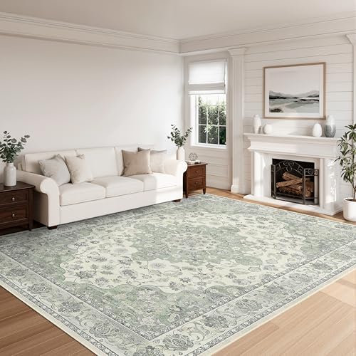 8x10 Non-Slip Washable Livingroom Vintage Area Rug, Sage Green