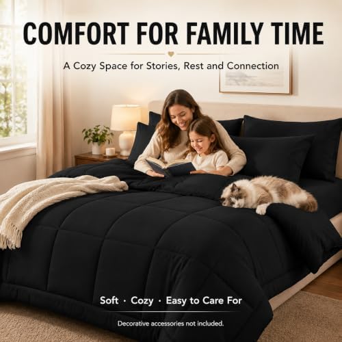 CozyLux Queen Comforter Set Black - 7 Pieces Bed in a Bag