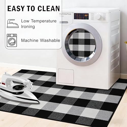 Buffalo Plaid Outdoor Rug 27.5" x 43" Black and White Checkered Area Rug Washable Doormats Indoor Outdoor Rugs for Layered Front Door Mats, Porch, Entryway, Kitchen, Farmhouse