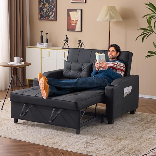 VINGLI Black Futon Sofa Bed Convertible Loveseat Sleeper Couch, Faux Leather ...