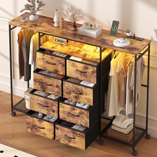 59.1" W Dresser for Bedroom with Hanging Rack, 8 Drawer Dresser with LED...