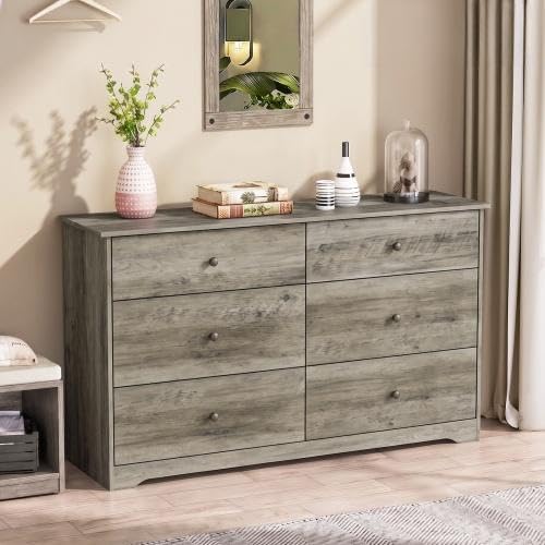 VINGLI Grey Dresser 6 Drawer Gray Dresser for Bedroom, 45"W Rustic Grey