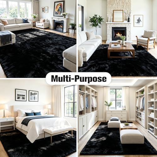 8x10 Fluffy Area Rug for Living Room: Soft Non-Slip Black Bedroom Carpet