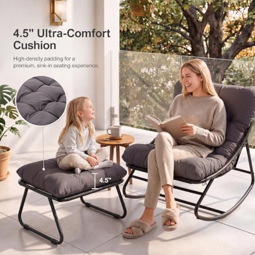 Aoxun Outdoor Rocking Chair with Ottmans, Cozy Papasan Rocking Chair with Thi...