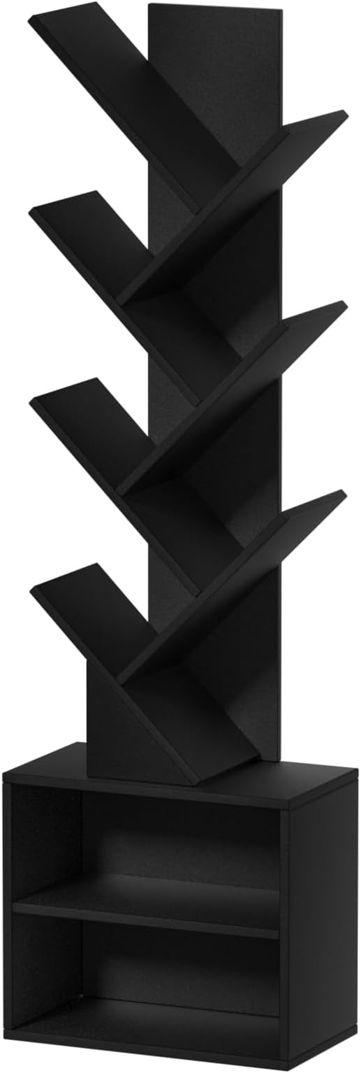 10 Tier Tree Bookshelf,Floor Standing Wood Tall Bookcase for Narrow Space, St...
