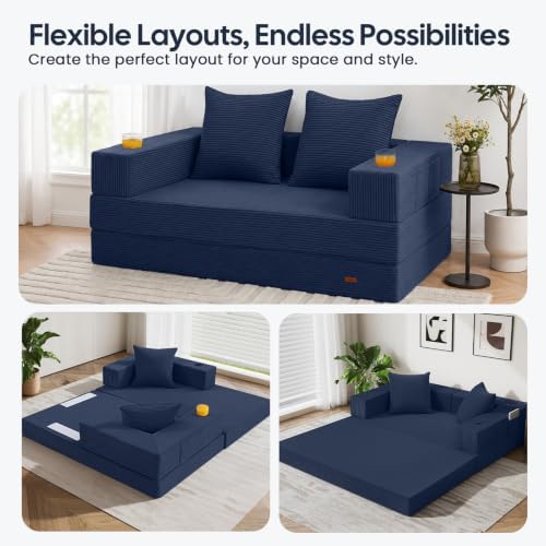 COMAX Boneless Futon Sofa Bed, 59" Small Low-Profile Floor Couch, Navy