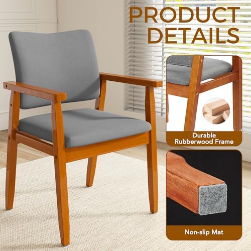 Mid Century Modern Walnut Dining Chairs Wood Arm Grey Fabric Kitchen Cafe Liv...