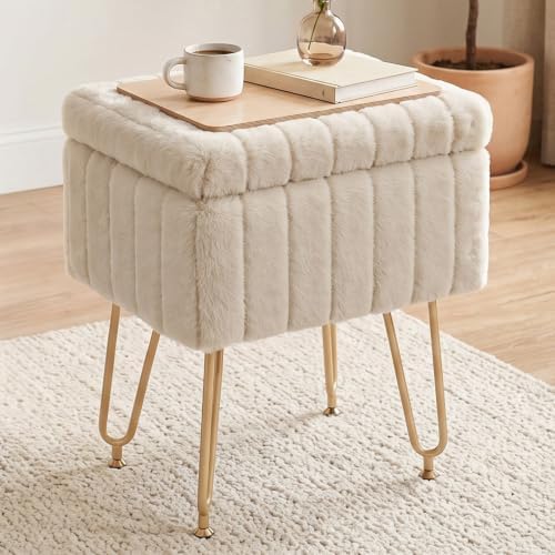 DUMOS Vanity Stool Chair with Storage, Small Ottoman Faux Fur Soft Padded Footstools Seat with 4 Metal Legs Anti-Slip Adjustable Feet Modern Footrest for Home Entryway Bedroom Makeup Camel