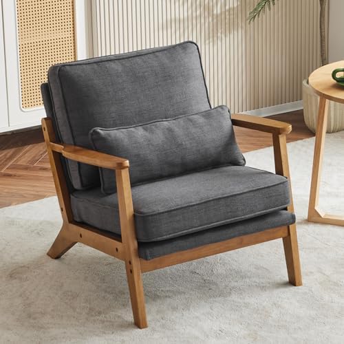 VINGLI Solid Wood Wide Armrests Accent Chair,Upholstered Mid Century Modern C...