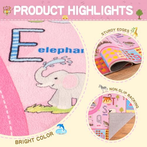 4 x 6 Feet Pink Zoo Themed Kids Educational Play Area Rug for Girls | Pink Non-Slip Washable Kids Learning Rug, Alphabet Numbers Zoo Animals Week Seasons Design for Classroom Playroom