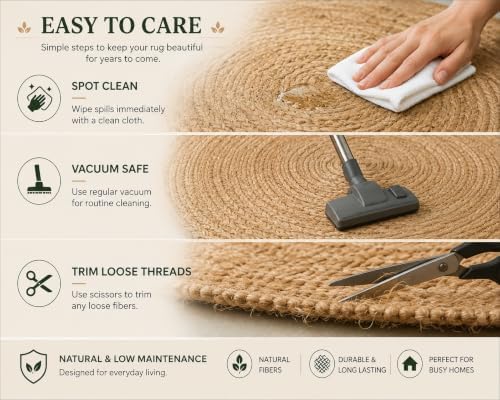 5 ft Round Handwoven 100% Natural Jute Area Rug, Reversible