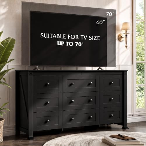WLIVE 9 Drawer Dresser Black, 62" Wide Wooden Chest with Anti-Tip Structure