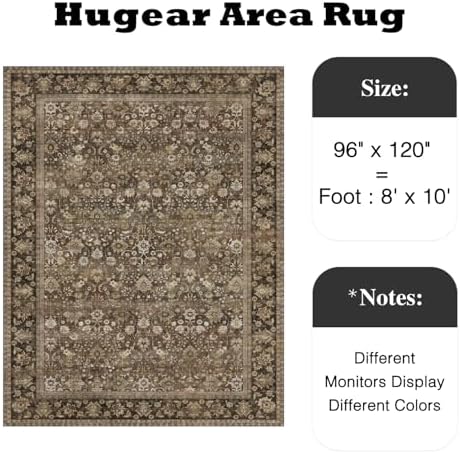 HUGEAR 8x10 Brown Vintage Floral Washable Area Rug for Living Room