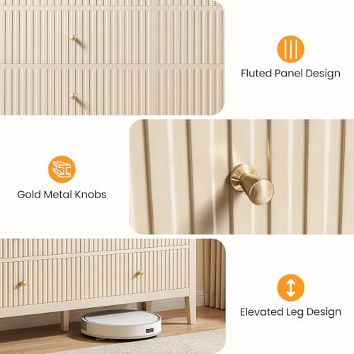 RoyalCraft Beige 6 Drawer Dresser, Fluted Modern Wood Chest of Drawers, Long ...