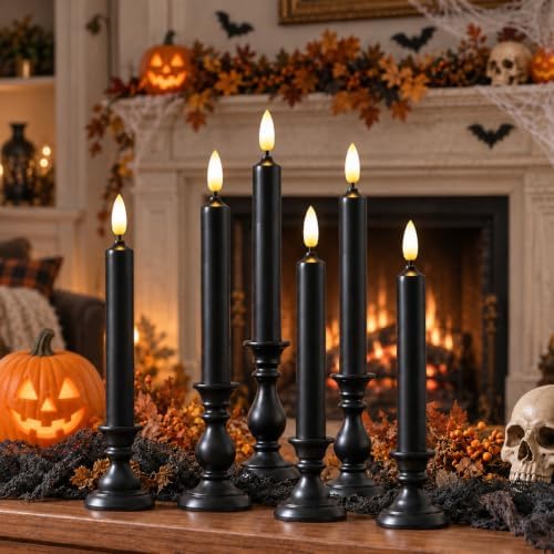 6 Pcs Halloween Black Flameless Taper Paraffin Wax Candles, Remote & Timer