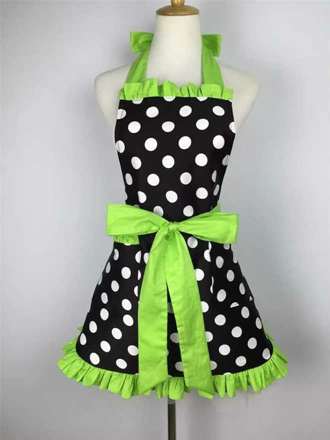 Hyzrz Cute Apron Retro Black Polka Dot Retro Ruffle Side Vintage Cooking Aprons - Image 2