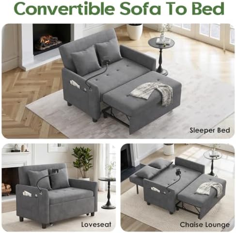 3 in 1 Convertible Pull Out Sleeper Couch Sofa Bed, Grey