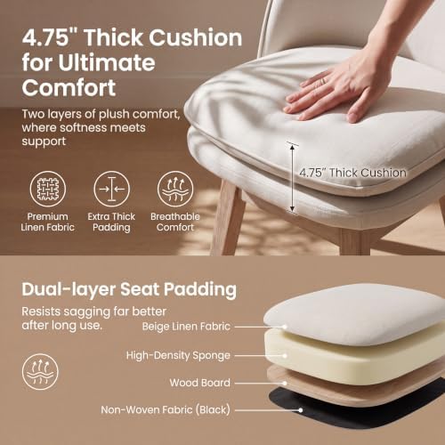 ROCITY Swivel Dining Chairs Set of 2, Cream Linen Kitchen Chairs with Solid W...