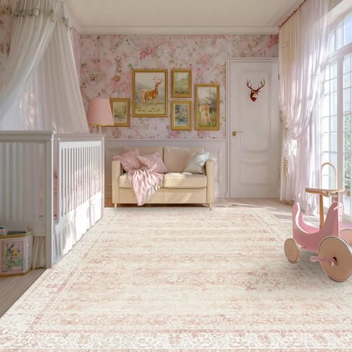 Pink Area Rug 8x10 Low Pile Washable Vintage Large Rugs for Living Room