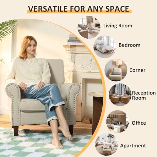 PrimeZone Comfy Accent Chair, Mid-Century Modern Living Room Chair, Beige