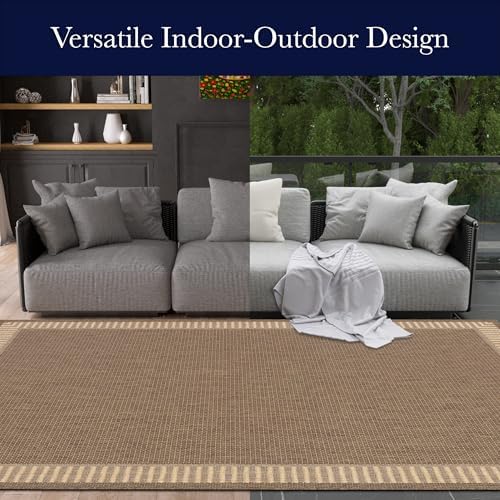 Couristan Recife Striped Border Washable Round Outdoor Rug, Tan, 7.5 Ft