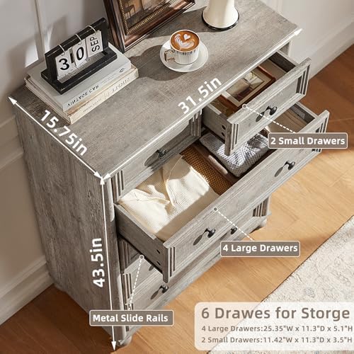 RWYHG Farmhouse 6 Drawer Dresser, 43.5" Tall Chest of Drawers for Bedroom