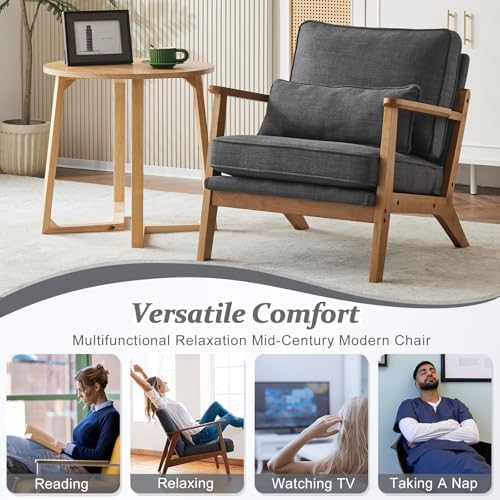 VINGLI Solid Wood Wide Armrests Accent Chair,Upholstered Mid Century Modern C...