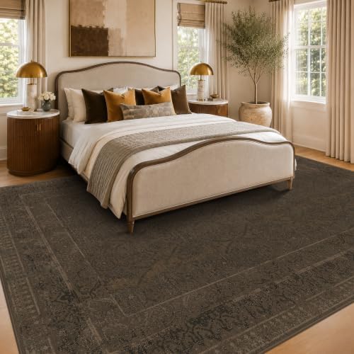 Brown Vintage Washable 8x10 Area Rug for Living Room & Bedroom, Non-Slip ...
