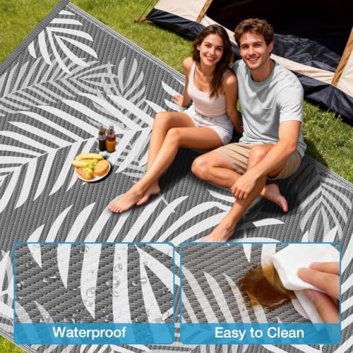Kohree Outdoor Rug, Leaf, 8x10, Grey & White