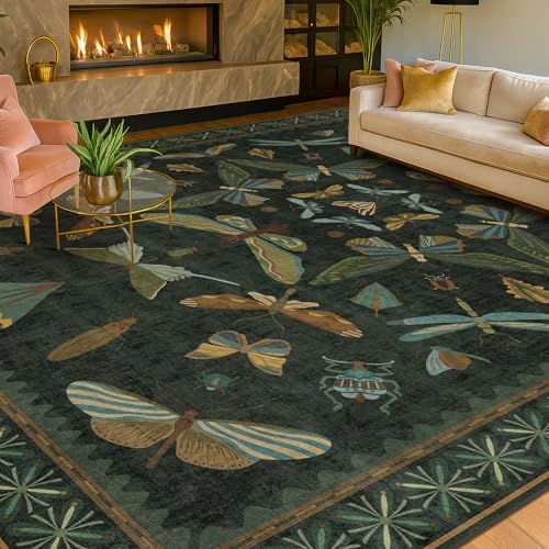 Hazo Haus Dark Green Insect Area Rugs 8x10 for Living Room, Dining Room Under...