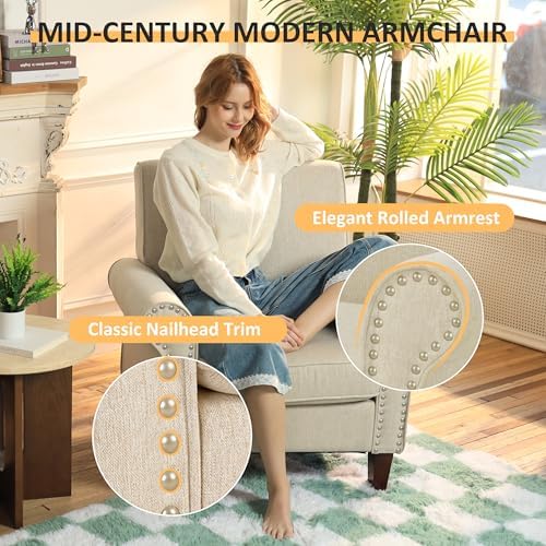 PrimeZone Comfy Accent Chair, Mid-Century Modern Living Room Chair, Beige