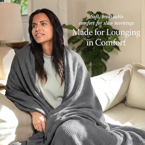 Threadmill Luxury 100% Cotton Queen Herringbone Blanket, Dark Grey