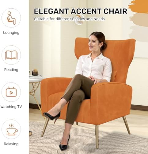 Nebuaegis Velvet Accent Chair Wingback for Living Room, High Back Arm Chair w...