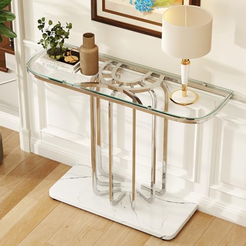 O&K FURNITURE 43" Modern Glass Console Table with Curved Chrome Fram...