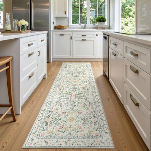 Wonnitar Washable Rug Runner 2'6''x8', Boho Floral Hallway Runner Rug 8ft Long Carpet for Bedroom, Soft Non Slip Ultra-Thin Beige Carpets for Bathroom Kitchen Bedside