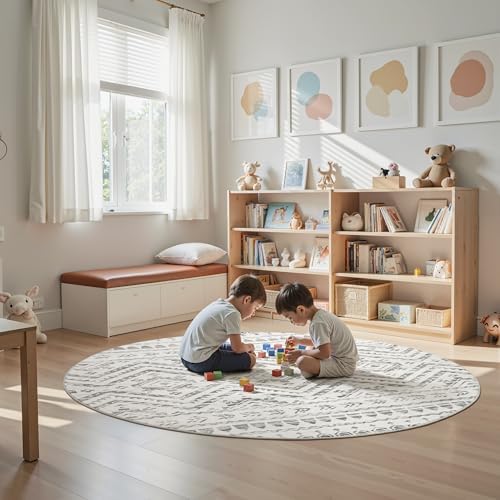 Miukiki Round Rugs 6ft for Living Room Moroccan Washable Circle Rug Grey
