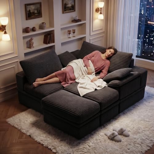 107" Modular Sectional Sofa Boneless Couch with Storage,U-Shape 3 Seat Comfy Modern Cloud Couch Sofa with Ottoman, 27" Deep Seat Corduroy Sofa for Living Room, Tool-Free Assembly -Dark Grey