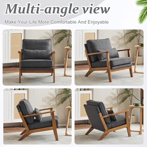 VINGLI Solid Wood Wide Armrests Accent Chair,Upholstered Mid Century Modern C...