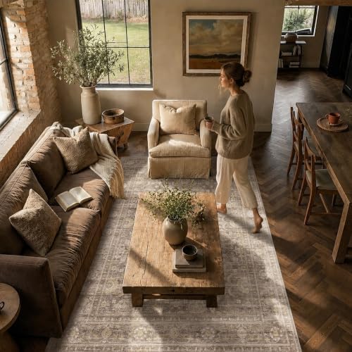 JOOJA 8x10 Neutral Tan Vintage Soft Low Pile Boho Washable Large Area Rug