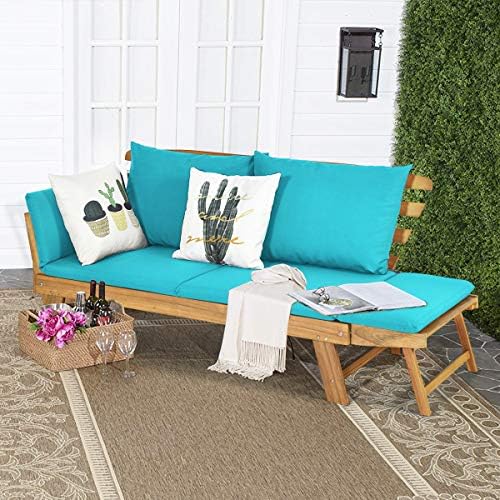 Tangkula Convertible Acacia Wood Patio Sofa Bed with Adjustable Armrest
